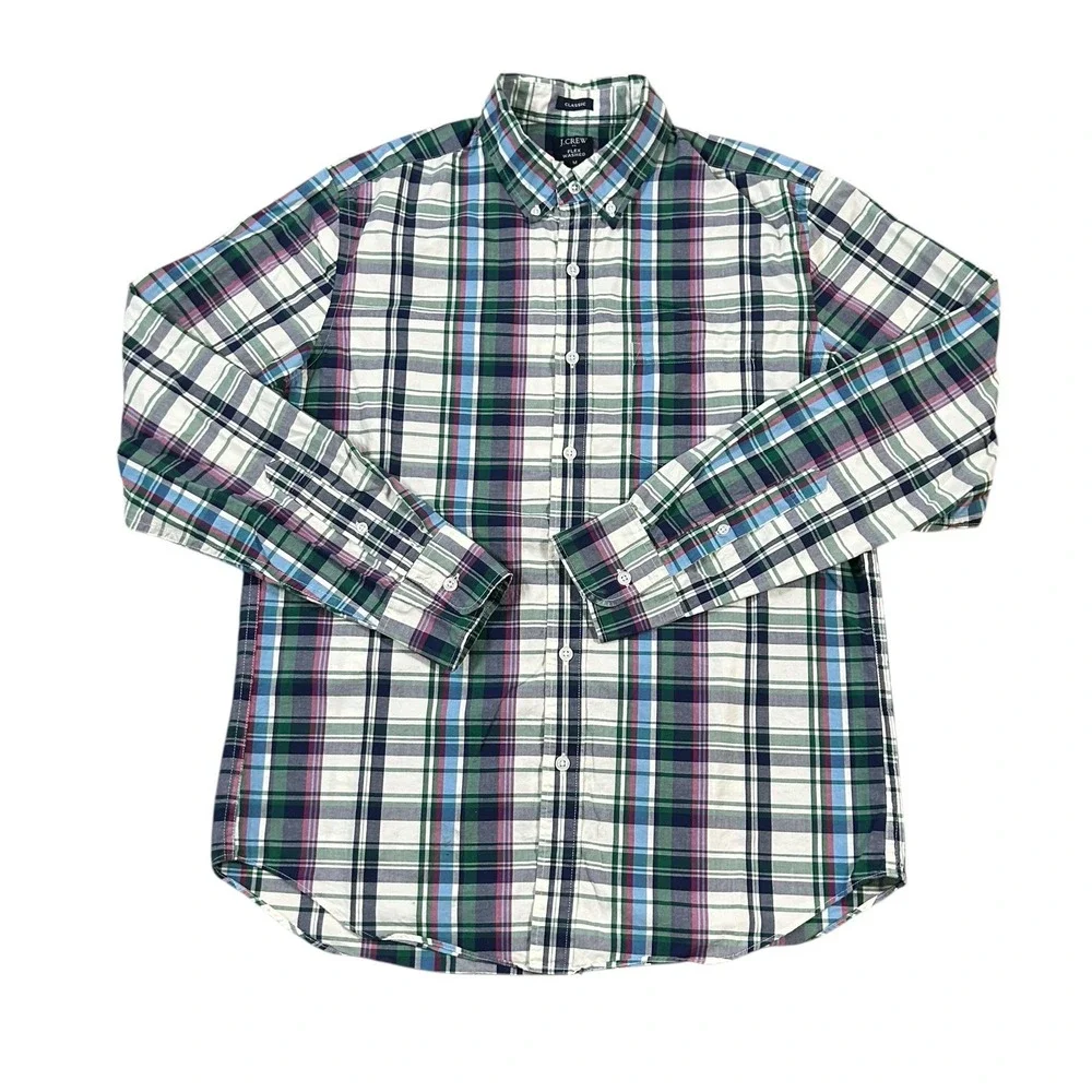 J.Crew Flex‎ Washed Size M Green Plaid Classic Fit Long Sleeve Button Down Shirt